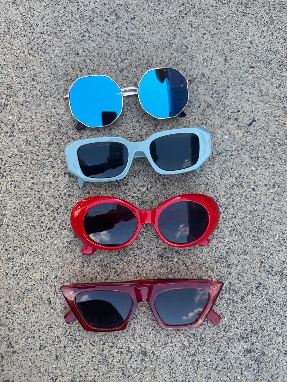 Set of 4 Fashion Sunglasses - Blue, Light Blue, Red, Burgundy